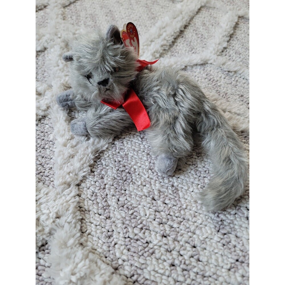 New Ty Beanie Babies Beani Gray Persian Cat Kitty Grey Red Bow Ribbon 2000